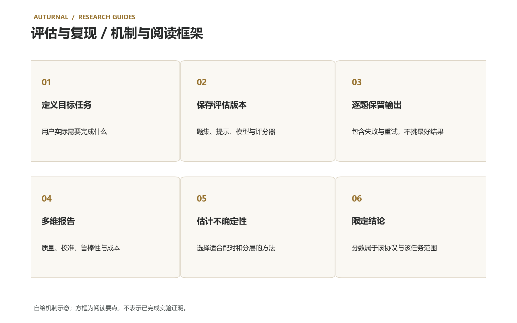 六个要点:定义目标任务;保存评估版本;逐题保留输出;多维报告;估计不确定性;限定结论