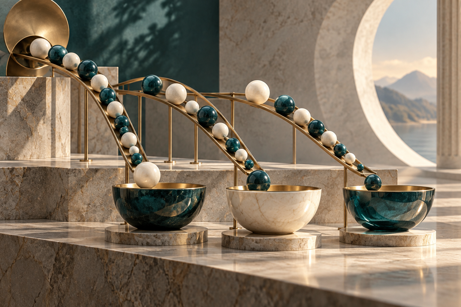 AI-generated conceptual cover: Three precisely crafted bead tracks carry the same set of ivory and teal spheres in different orders toward separate polished bowls; some bead sizes differ to suggest weights. Minimal kinetic sculpture.