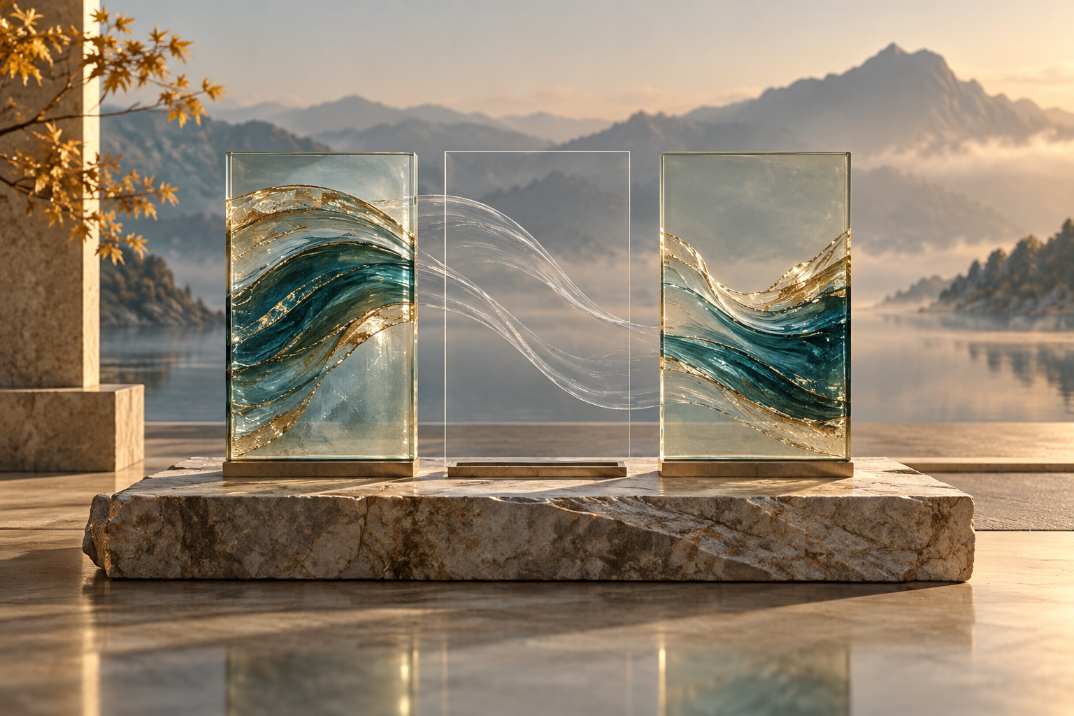 AI-generated conceptual cover: Three complementary translucent sculptural panels form a coherent wave when aligned; one panel is absent, leaving a crisp missing slot and two plausible ghost silhouettes. Subtle light, tactile stone base.