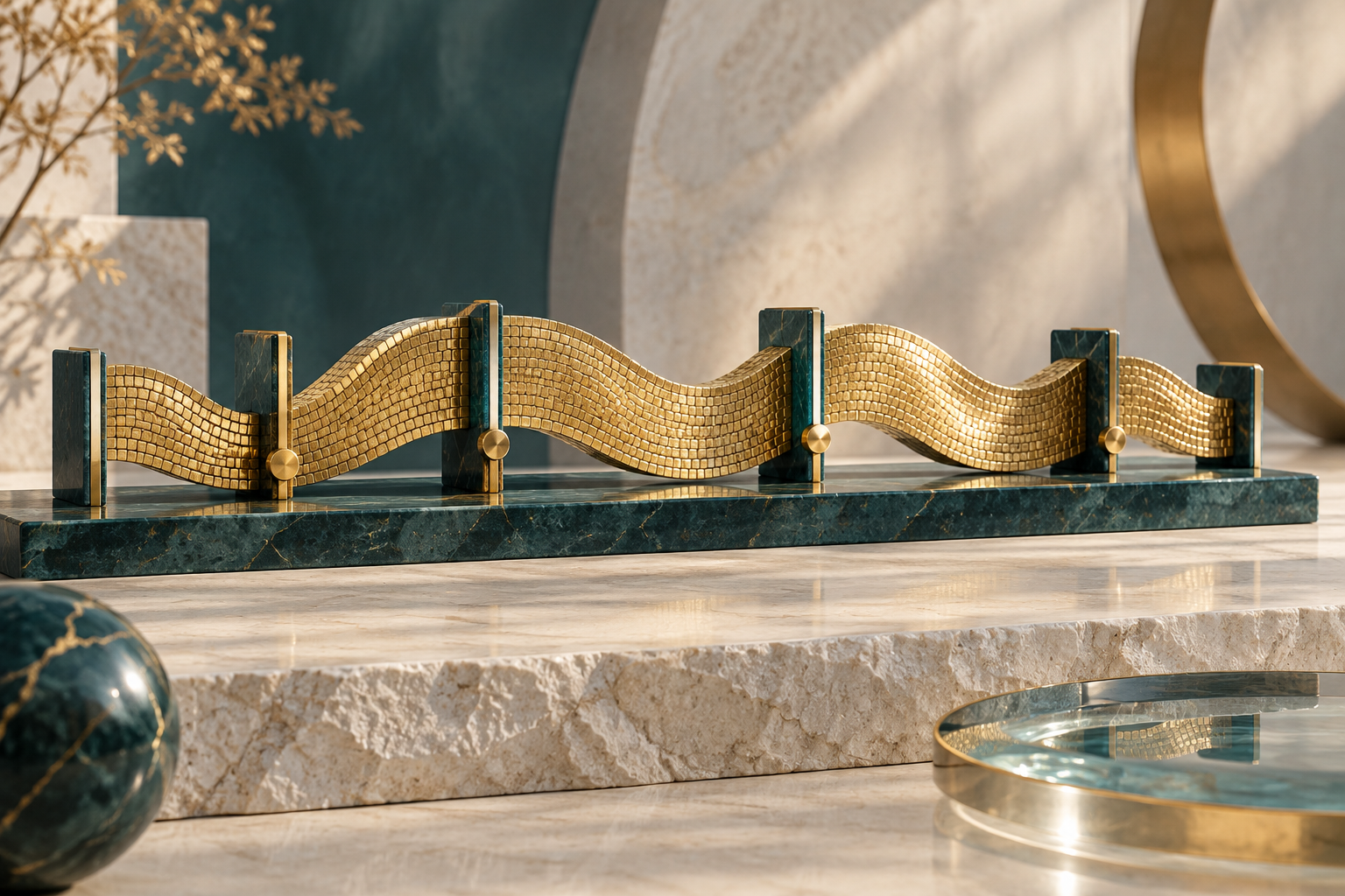 AI-generated conceptual cover: An elegant ribbon of tiny gold tesserae can be partitioned into different lengths by sliding teal dividers; all pieces fit the same continuous wave silhouette. Sculptural still life without writing.