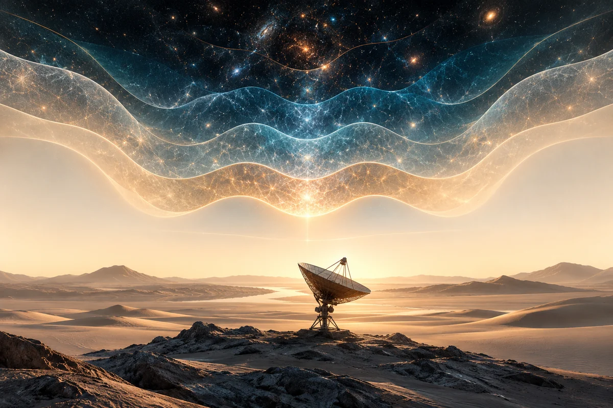 Conceptual editorial illustration for Listening beneath the Foreground: Calibration and Identifiability in Cosmic-Dawn Radio Experiments