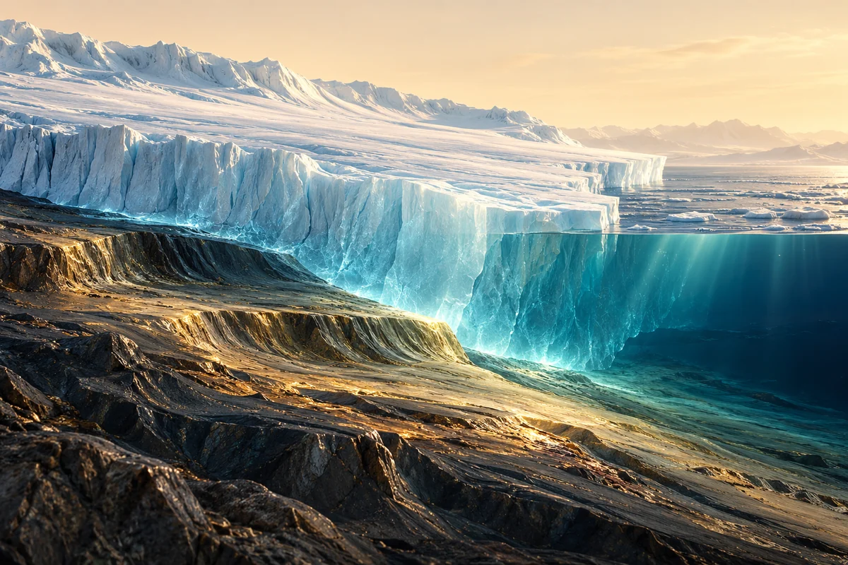 Conceptual editorial illustration for The Geometry of Ice-Sheet Instability: Grounding Lines, Feedbacks and Forecast Horizons
