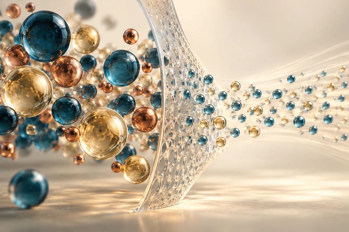 Conceptual editorial illustration for Separating Molecules at Scale: Membrane Selectivity, Permeance and Process-Level Value