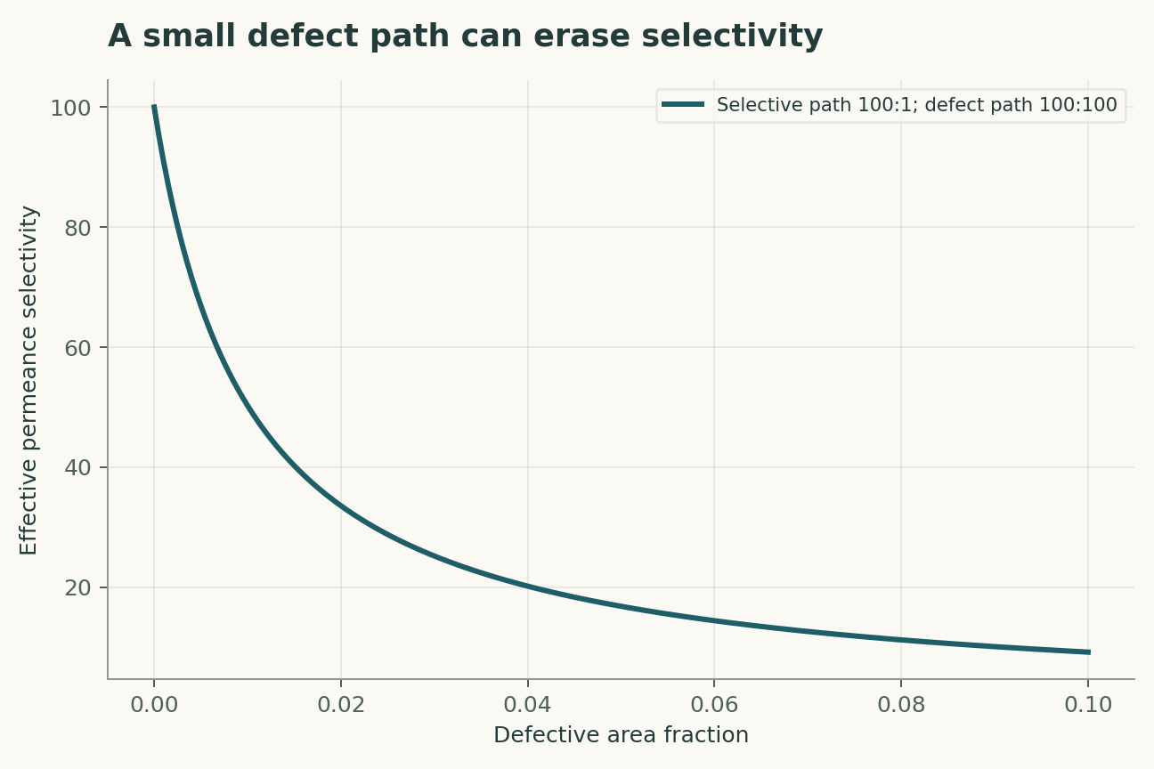 A small defect path can erase selectivity. Parallel paths contribute by area. The selective path has A/B permeances 100/1 and the nonselective path 100/100 in common arbitrary units; no membrane data are fitted.