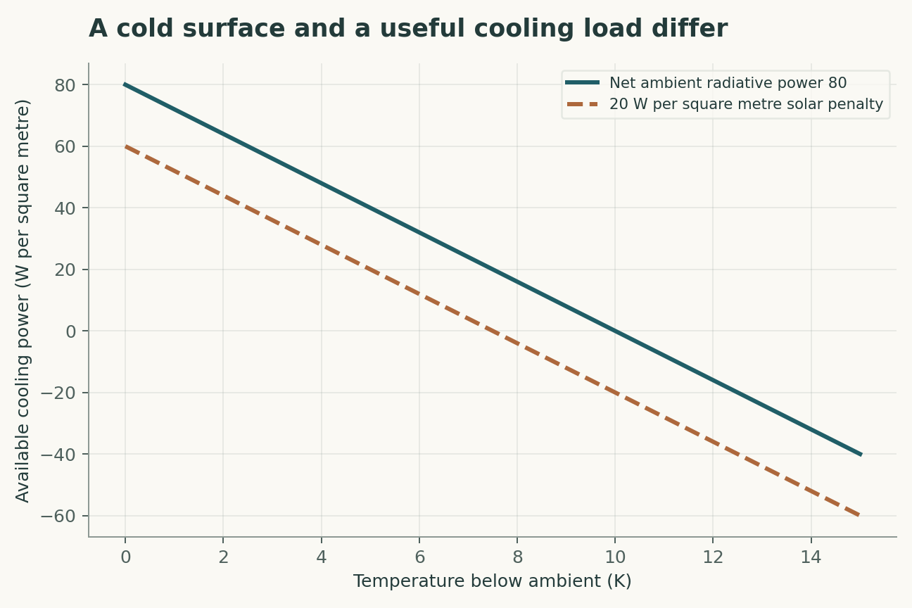 A cold surface and a useful cooling load differ. A linear loss coefficient of 8 W per square metre per K opposes a fixed ambient net cooling term. Negative values indicate heating in this simplified model.