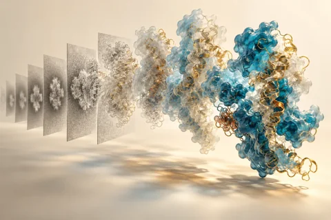 Conceptual editorial illustration for A Molecule in Motion from Still Images: Cryo-EM Heterogeneity and the Limits of Reconstruction