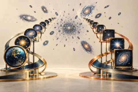 Conceptual editorial illustration for Measuring Cosmic Expansion Twice: Calibration, Model Dependence and the Hubble Tension