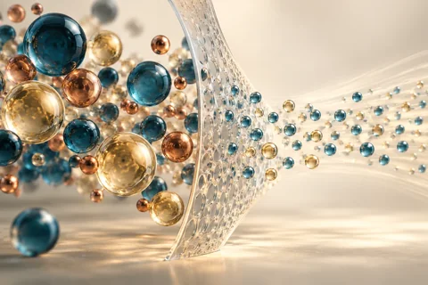 Conceptual editorial illustration for Separating Molecules at Scale: Membrane Selectivity, Permeance and Process-Level Value