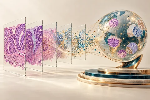 Conceptual editorial illustration for From Slides to Sites: Foundation Models, Distribution Shift and Histopathology Validation