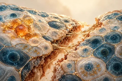 Conceptual editorial illustration for The Context of Cellular Senescence: Tissue Repair, Persistent Damage and Selective Intervention